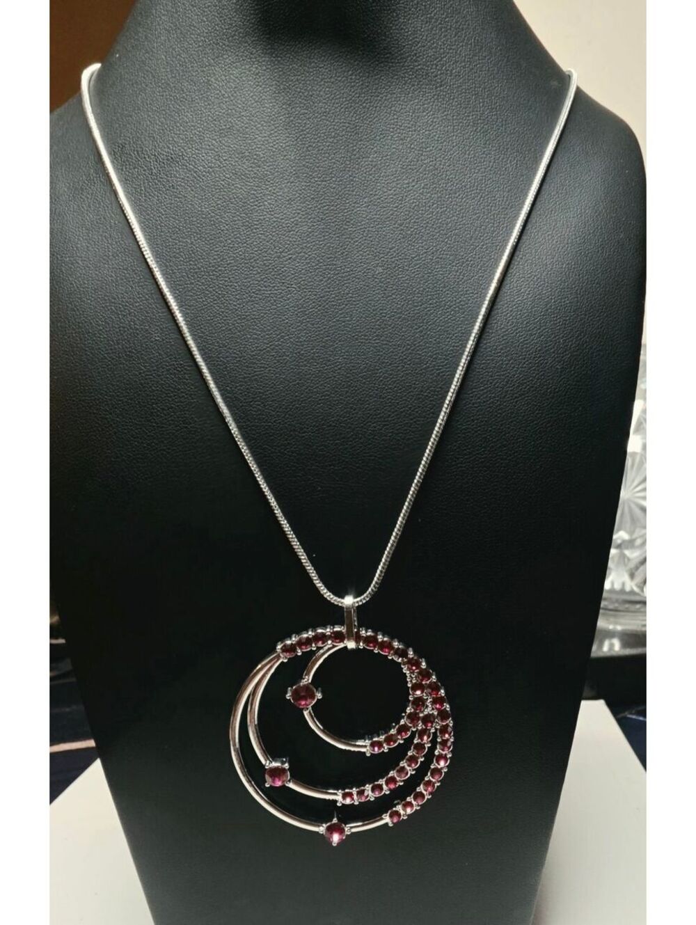 Silver Tone Pink Crystal Circle Pendant Necklace